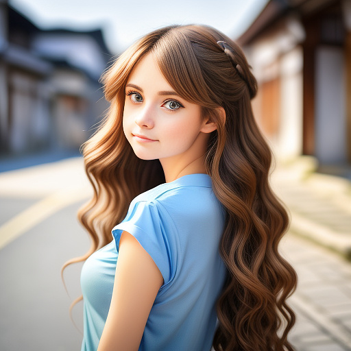 Create an image of a beautiful young girl with big blue eyes small soft lips and a cute nose long wavy hair a slender neck large breasts small waist slender hips i'm right here right here looking at you why do i feel the need to love you so much you're so precious i'm right here baby i know i've been preoccupied but i know you need love i'll try to come back to you in a little while spend some more time with you i love you in anime style