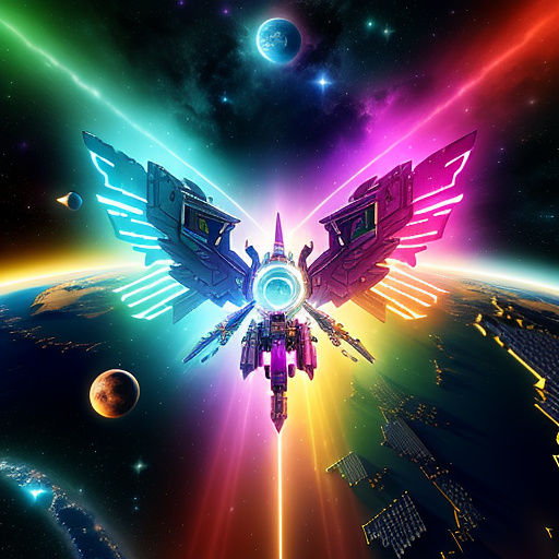 A cheerful transformer flies through space against the backdrop of planets. in angelcore style