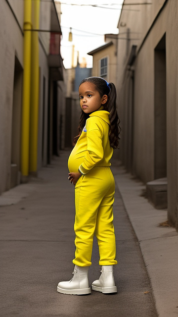 7 years old, pregnant, jenna ortega, yellow jumpsuit boots, backalley, front view  in custom style