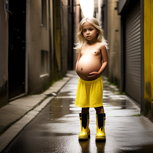 Pregnant, 7-years-old-girl, blonde, yellow boots, topless nude, alleyway, front view in custom style