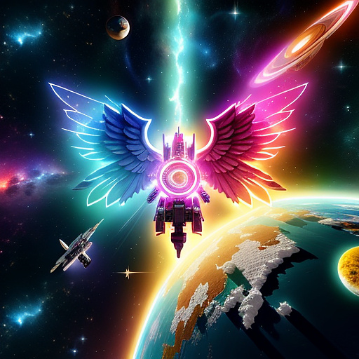 A cheerful transformer flies through space against the backdrop of planets. in angelcore style