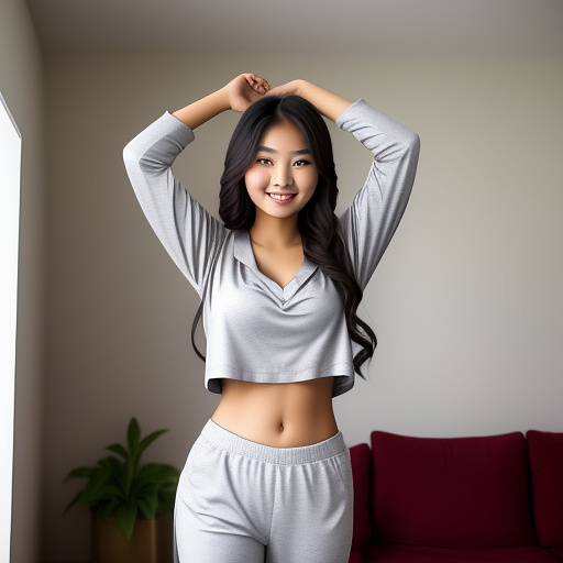 Sexy asian college student with her arms up and big boobs and in a cropped long sleeve loose t shirt and pajama pants and showing her whole belly and standing in the living room and full body picture in custom style