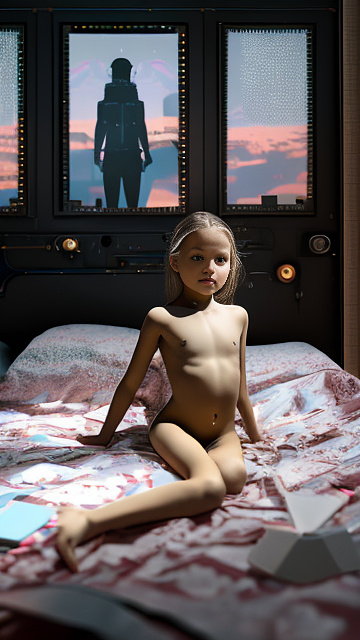 A 7-year-old girl lies naked on a bed and masturbates. in sci-fi style
