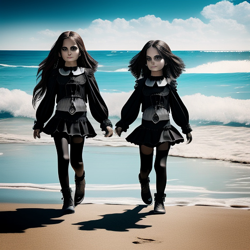Bikini kids on beach on a beautiful sunny day with ocean waves.   in gothic style
