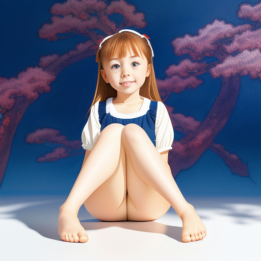 Little girl sitting, spreading her toes in front of camera in anime style
