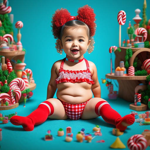 2-year old toddler in micro bikini, pigtails, stockings, dog collar, red lipstick, beautiful, detailed, realistic, legs spread, chubby, wet in kids painted style