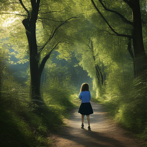 A 9-year-old girl is walking along a forest path. it's evening. she has a basket in her hand. view from behind. in custom style