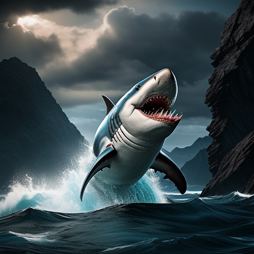Biting shark in ocean
 in darkfantasy style