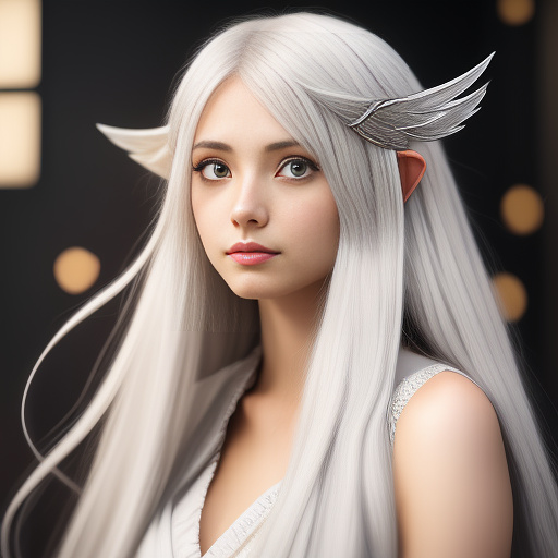 Pale elven woman, long white hair, brown wings, dark eyes in anime style