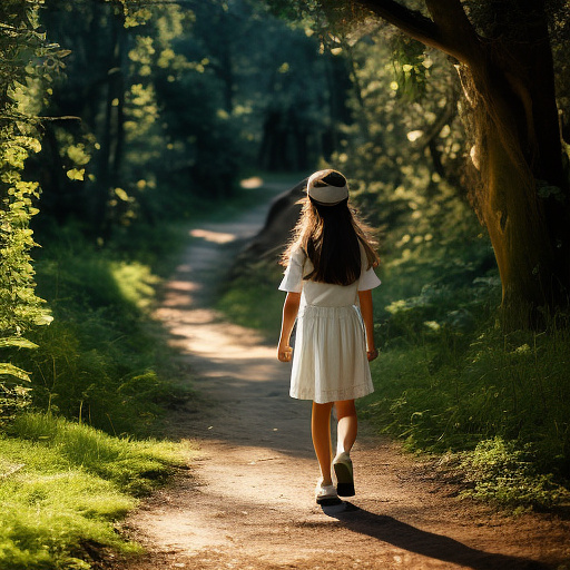 A 9-year-old girl is walking along a forest path. it's evening. she has a basket in her hand. view from behind. in custom style
