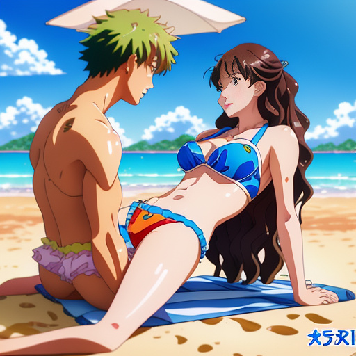 A anime woman in a two piece swimsuitc kissing a guy with him on top of her on a beach chair in anime style