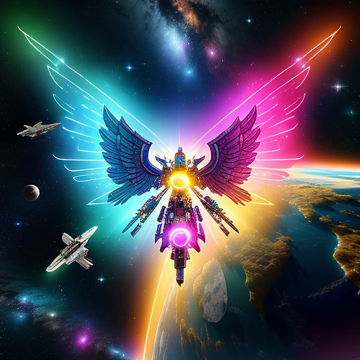 A cheerful transformer flies through space against the backdrop of planets. in angelcore style