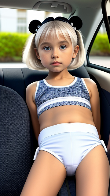 A thin blonde 9 years old in a school uniform and white children's panties, with short white hair, she languidly lies in the car in the back seat, her legs are spread apart, bows on her head in disney painted style
