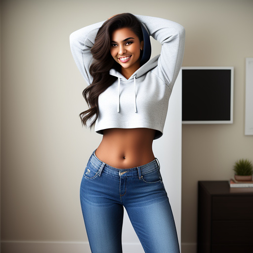 Sexy curvy brunette college student with her arms up and in a very loose long sleeve cropped hoodie and long jeans pants and showing her belly and standing in the bedroom in custom style
