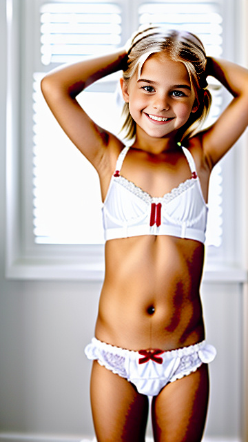 White cute smiling white 8 year blonde girl,  hands behind head, slutty underwear, bra, in custom style