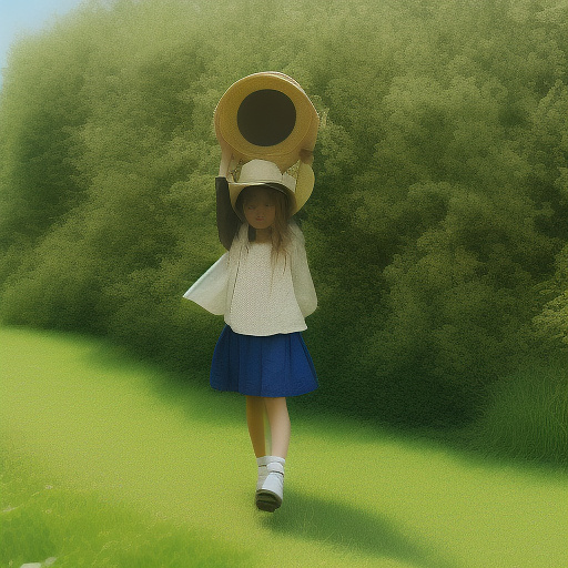 A girl is skipping across a sunny lawn. she has a basket in her hands and a hat on her head. in custom style