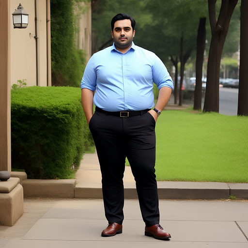 Full body obese dark haired man without beard in custom style