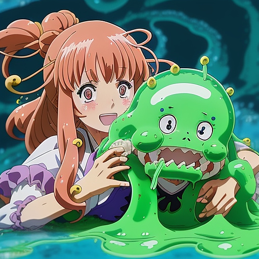 Woman getting eaten alive by slime girl in anime style