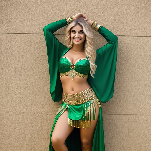 College student with her arms up in a long sleeve green belly dancer outfit and full body portrait  in custom style