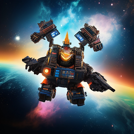 A cheerful transformer flies through space against the backdrop of planets. in custom style