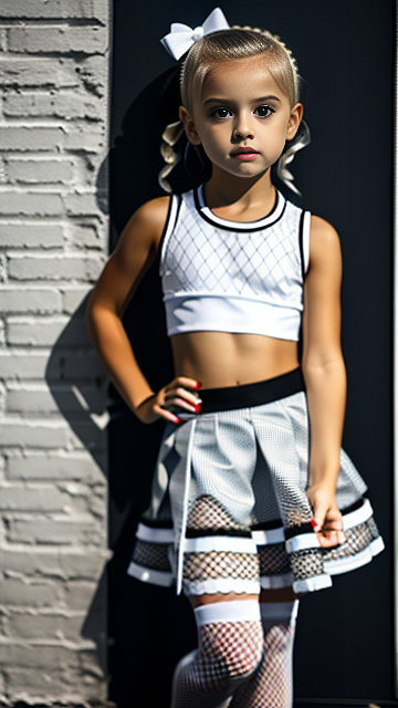 White, blonde, girl 6 years old, fishnet crop top, skirt ,  stockings  in custom style