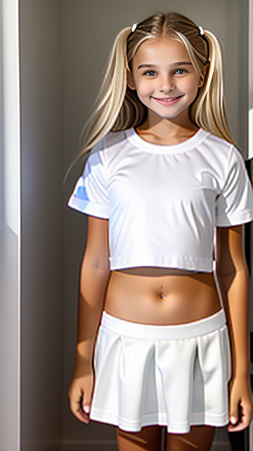White, blonde, very cute, smiling, girl 12 years old, very large breast 48ddd, thin t shirt, large nipples seen underneath , mini skirt, in custom style