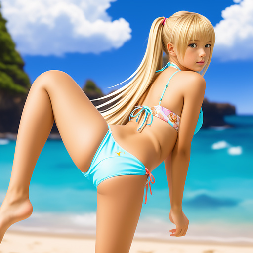 Cute girl blond bikini getting kicked in her crotch  in anime style
