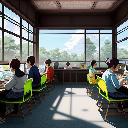 "a computer workshop with rural children and their teacher. the children are clearly present, smiling, and working with computers. the teacher is also present, actively teaching them illustrator. the atmosphere is cheerful, educational, and lively." in anime style