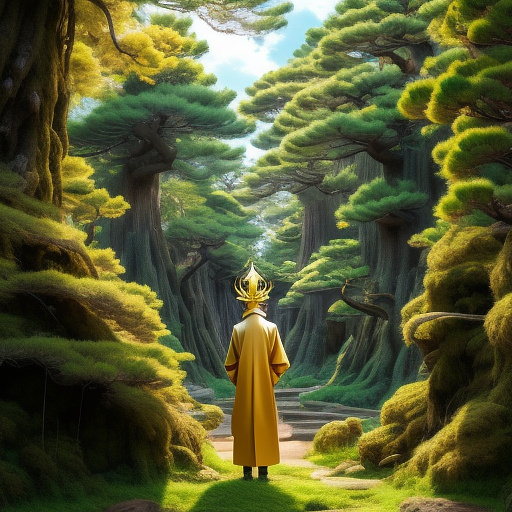 A tall, bipedal, alien animal deity, wearing a gold crown, standing against a green wall in anime style