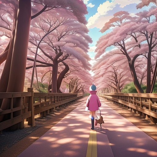 A pink hairless sphinx kitten walking on two feet in red gum boots, walking over a bridge with her squirrel friend in anime style