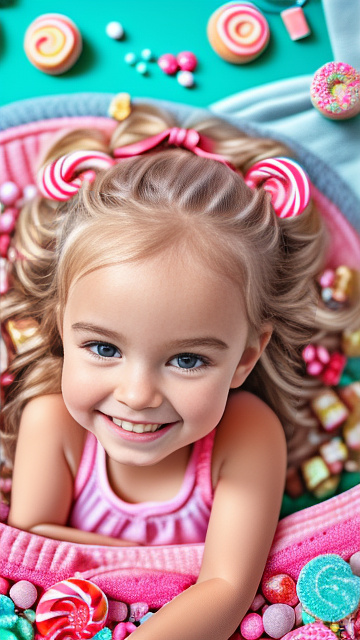 Realistic, detailed, 5-year-old blonde girl, in pink underwear, pregnant, laying in bed, top down view, blushing in kids painted style