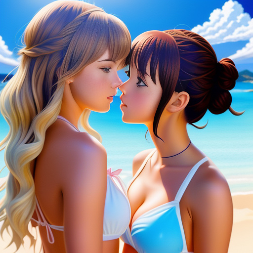 Taylor swift and emma watson  in bikinis kissing in anime style