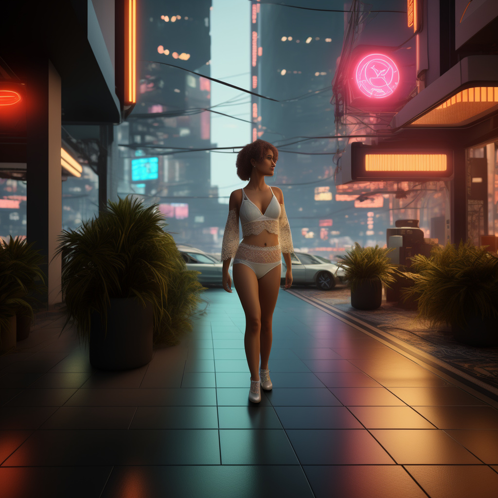 A set of women’s lingerie consisting of a white lace bra and matching panties, featuring delicate floral embroidery. displayed on a neutral beige background with soft lighting. focus on fabric texture and design details, no human model.
 in cyberpunk style