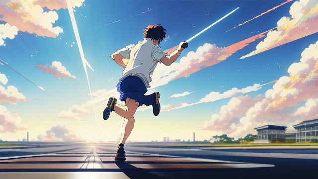A man who is running after the plane in anime style
