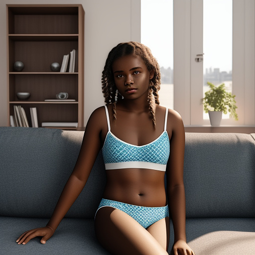 Ultra realistic a 16 year old girl sits on the sofa in the living room in cute underwear in custom style