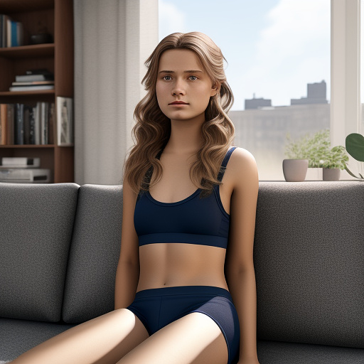 Ultra realistic a 15 year old german girl sits on the sofa in the living room in childish underwear in custom style