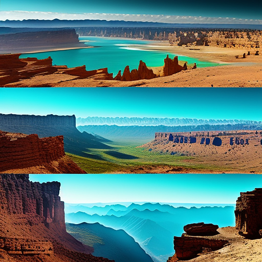 """collage of various erosion types in one frame: mountains, caves, desert, and coastline, showcasing nature's power in shaping the earth, educational artistic style" in custom style