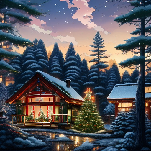 Merry christmas  forest at the background and at he center woden cabin whit candels in the window in anime style