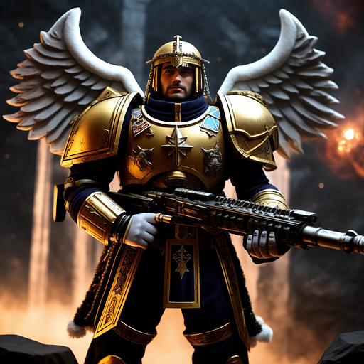 A roman catholic space marine from warhammer 40k wielding a powersword. in angelcore style