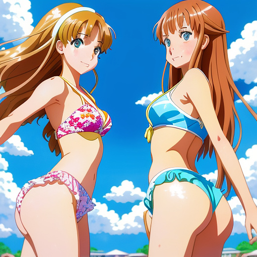 2 tween girls in bikinis with the their legs spread at camara in anime style