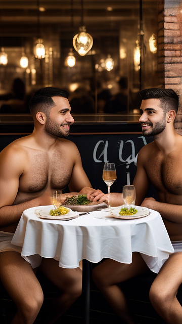 2 naked gays in italian restaurant.  in custom style