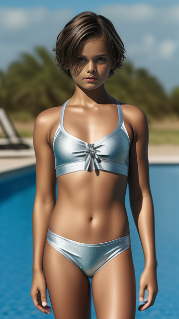 Realistic, detailed, 10 year-old , silver tight spandex satin swimwear short hair brunette - standing  in custom style