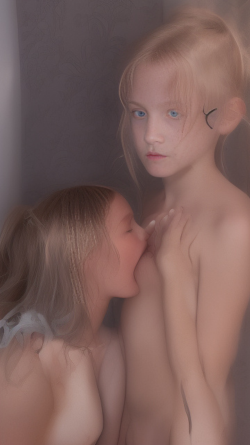 A 9-year-old naked girl is sucking another girl's breast. in custom style