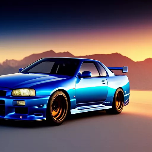 Nissan skyline r34 with cool background in portrait 3d style