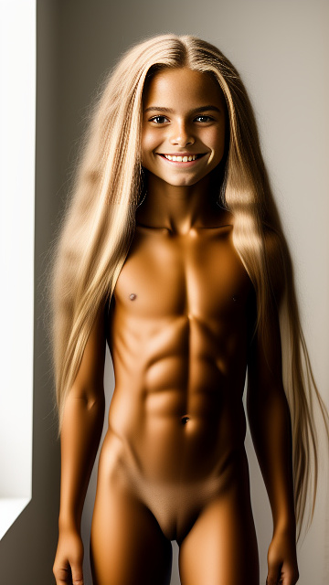 10 year old girl, naked, skinny, latin, long blonde hair, muscular, strong abs, smiling in custom style