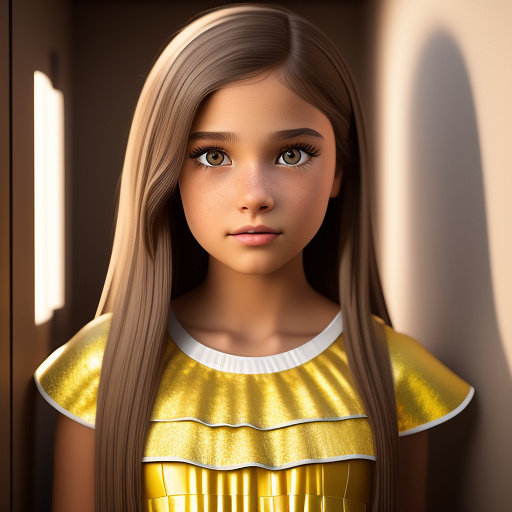 An eleven year old girl with light brown mid length straight hair, light brown eyes, wearing makeup and is wearing yellow dance lyrical costume in disney 3d style