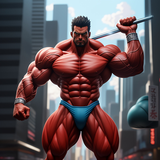 Hypermuscular man holding a barbell with massive veins on his body. his muscles are overdeveloped. his biceps are the size of basketballs. his lats are so wide he can’t put his arms down. make his veins more pronounced and his chest thicker. 
 in anime style