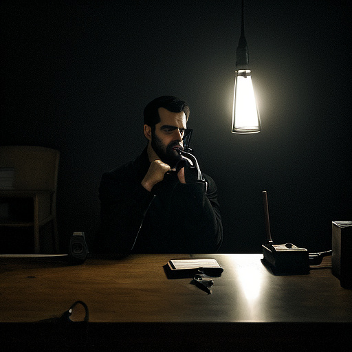 In a dark room, there is a telephone and a gun on the table. a man is sitting on a chair, and he is dead. in custom style