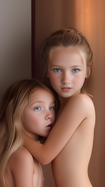 A 9-year-old naked girl is sucking another girl's breast. in custom style