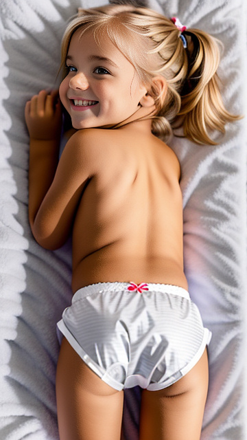 Cute smiling white 4 year blonde girl,  laying in bed, full body shown, laying face down, facing the other direction ,   skimpy underwear, showing back side, 4 year old body  in custom style
